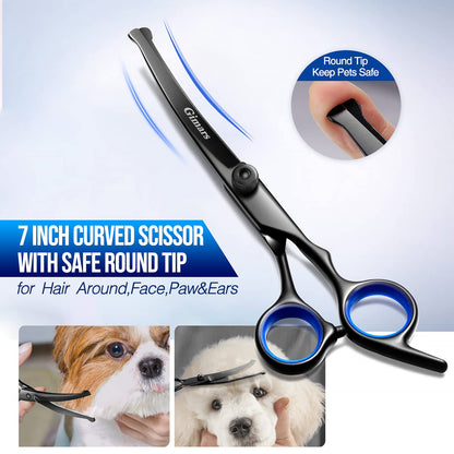 Gimars Dog Grooming Scissors Kit Professional 4CR with Safety Round Tip, 5 in 1 Heavy Duty Titanium Coated Thinning & Curved & Straight Shears