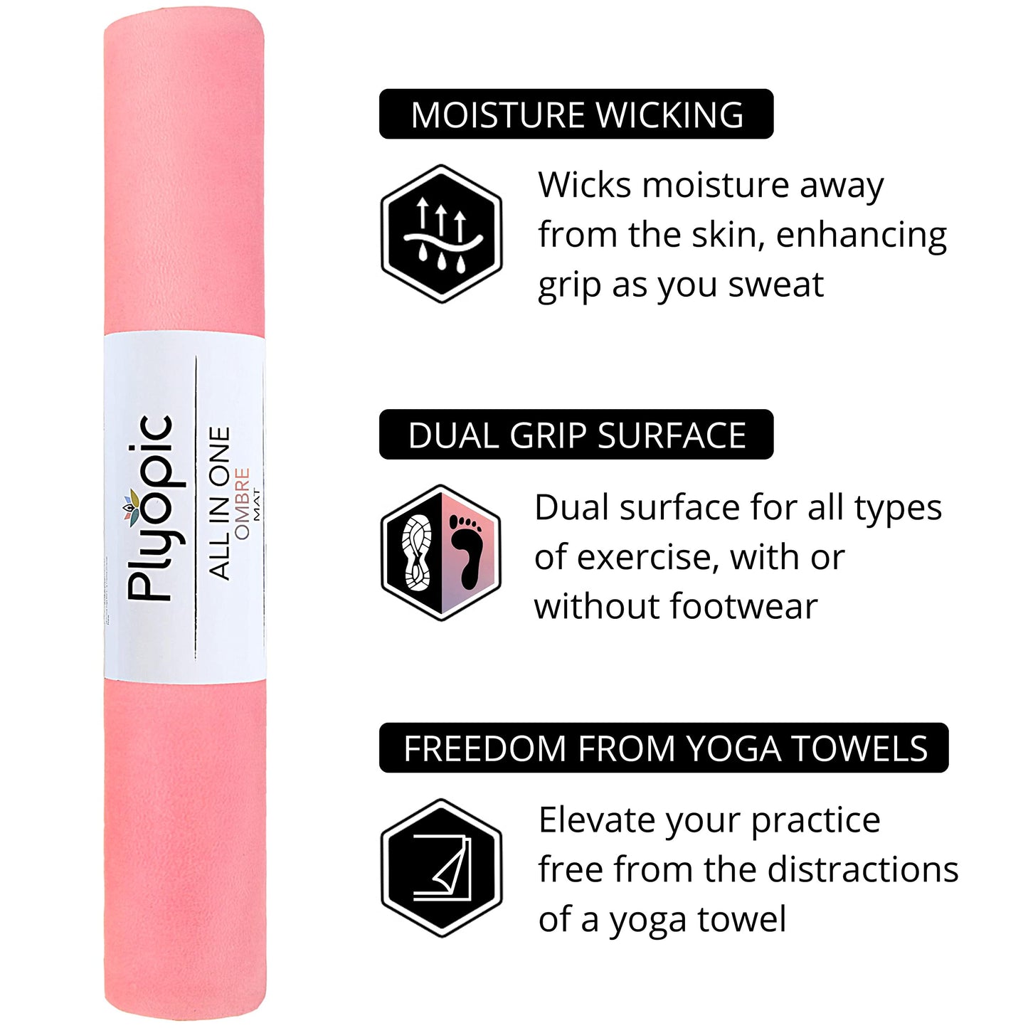 Plyopic. All In One Yoga Mat | Luxury Sweat-Grip Mat/Towel Combo | Ideal for Yoga, Hot Yoga, Bikram, Pilates, Workout & Exercise | Eco-Friendly Natural Rubber