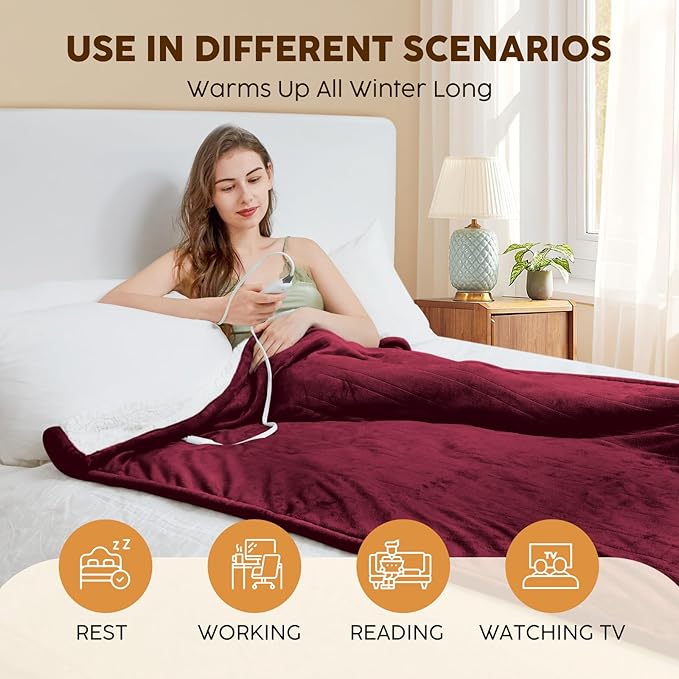 HYLEORY Heated Electric Blanket Throw 50"x60" Soft Fleece & Flannel with 5 Heating Levels & 3 Hours Timer Auto Shutt Off, ETL Certified, Washable，Heated Blanket for Body-Red