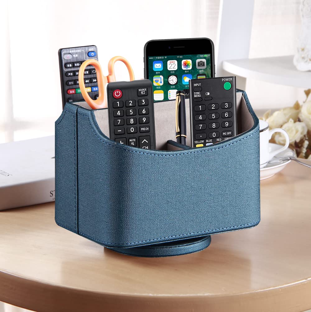 PUSU Remote Control Holder PU Leather 360 Degrees Rotatable Desktop Supply Organizer Storage Box for Controllers Media Stationery Nightstand TV Caddy E-reader iPad Phone Pen/Pencil Cosmetic