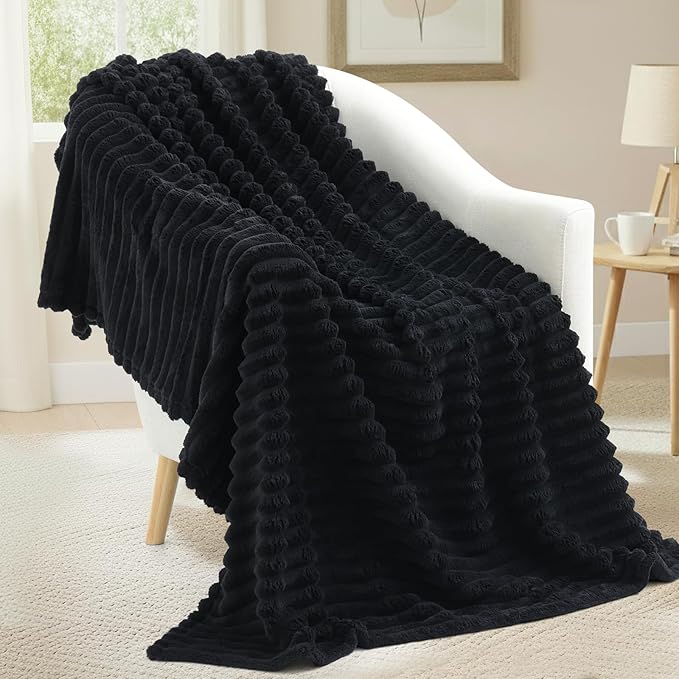 decorUhome Soft Fleece Black Throw Blanket for Couch, Cozy Fluffy Plush Flannel Striped Blanket for Sofa Bed, Lightweight Decorative Ribbed Fuzzy Blanket for Woman, 50x60 Inches