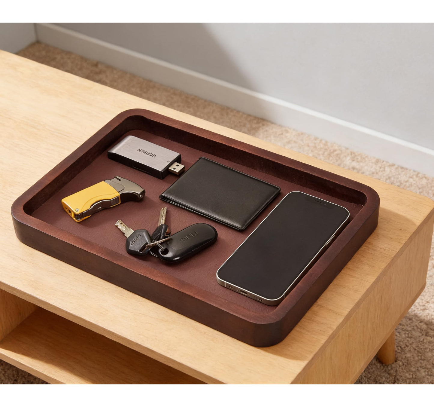Valet Tray-Light Brown Wood Decorative Key Tray, Bedside Dump Holder.Catch All Tray Tray Decorative for Trinkets,Watches,Keys,Sunglasses.