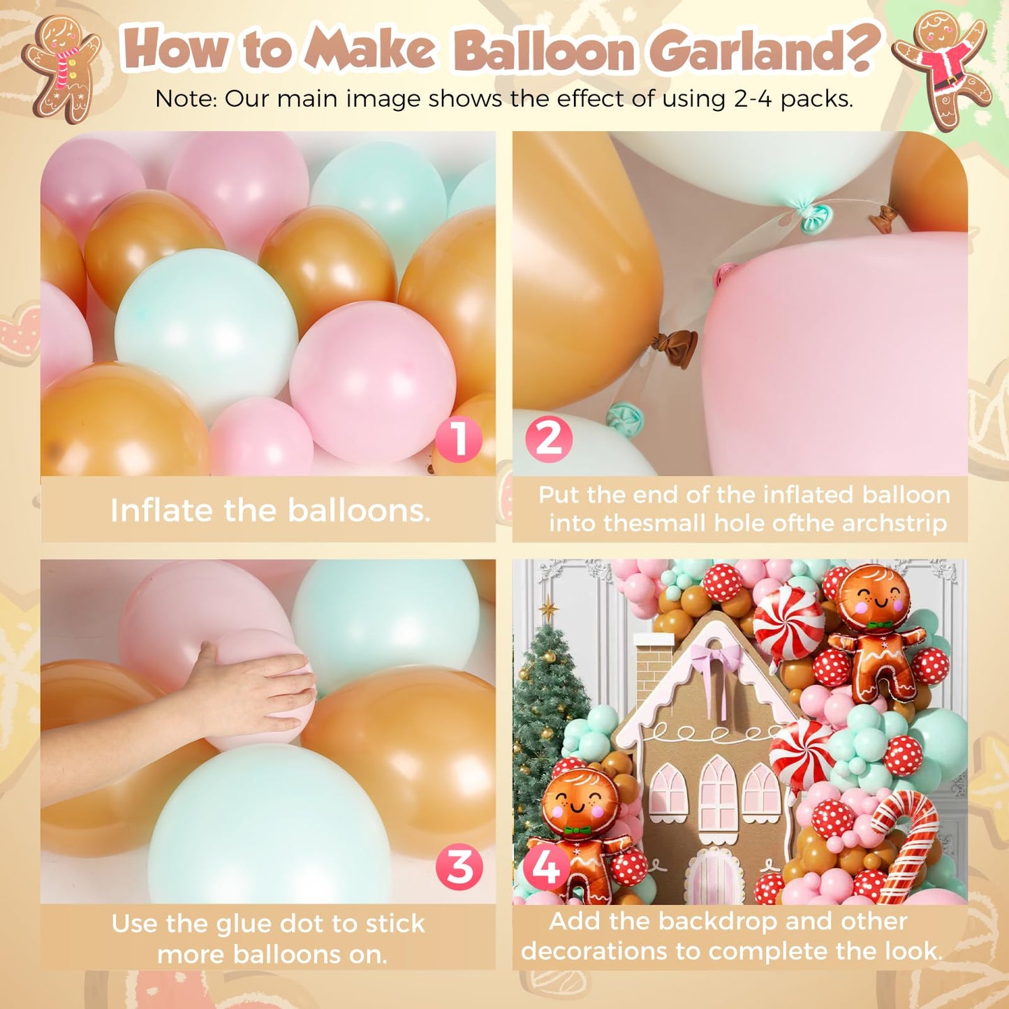 PTGOLUO 160Pcs Christmas Balloon Arch Garland Kit Xmas Pastel Pink Green Brown Latex Balloons Gingerbread Man Candy Cane Foil Balloons Arch Kit for Christmas New Year Party Birthday Party Decorations