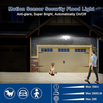 EMANER Flood Lights Motion Sensor Outdoor, Remote Security Light 28W, Dusk to Dawn Always On or Motion Activated On/Off, Tunable Warm White Dimmable for Eave, Garage (White, 1-Pack)