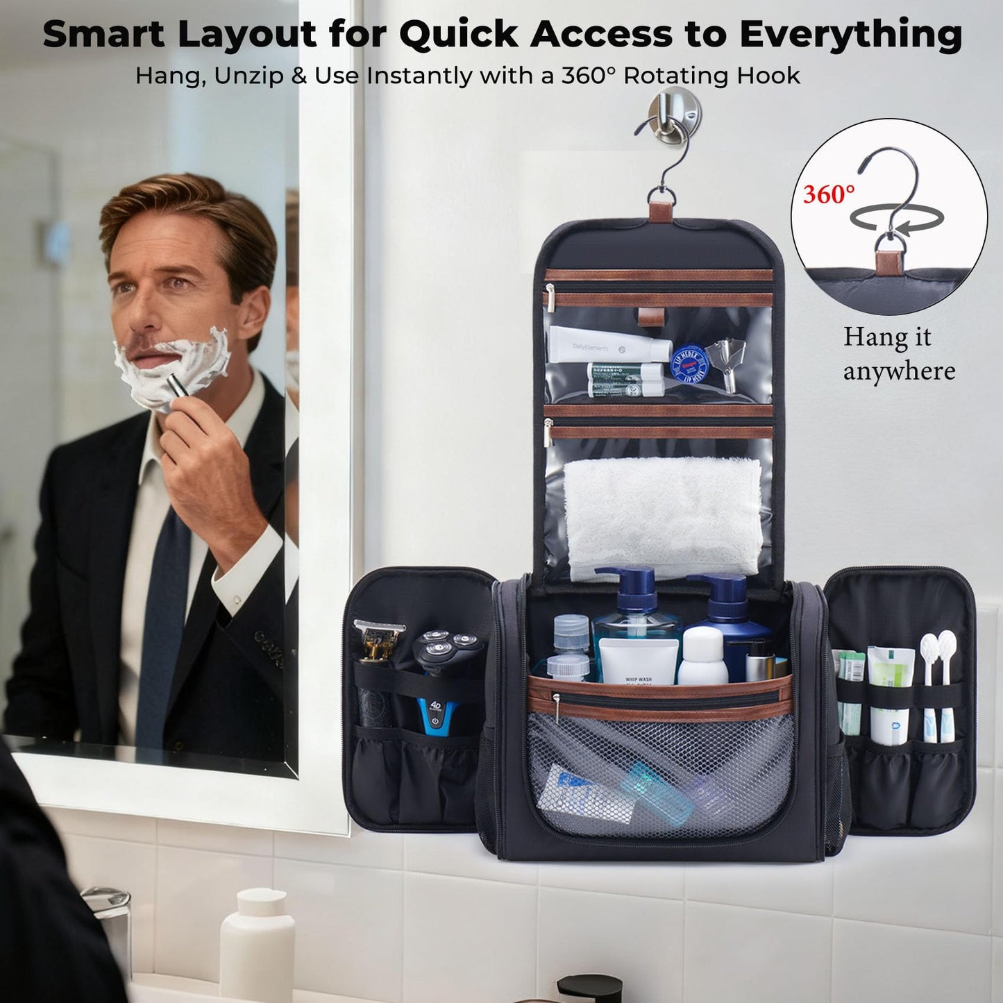 Ralnitote Large Hanging Toiletry Bag for Men, Travel Bathroom Bag with Hook, Hygiene Bag Organizer for Shower, Shaving & Grooming Essentials, Black