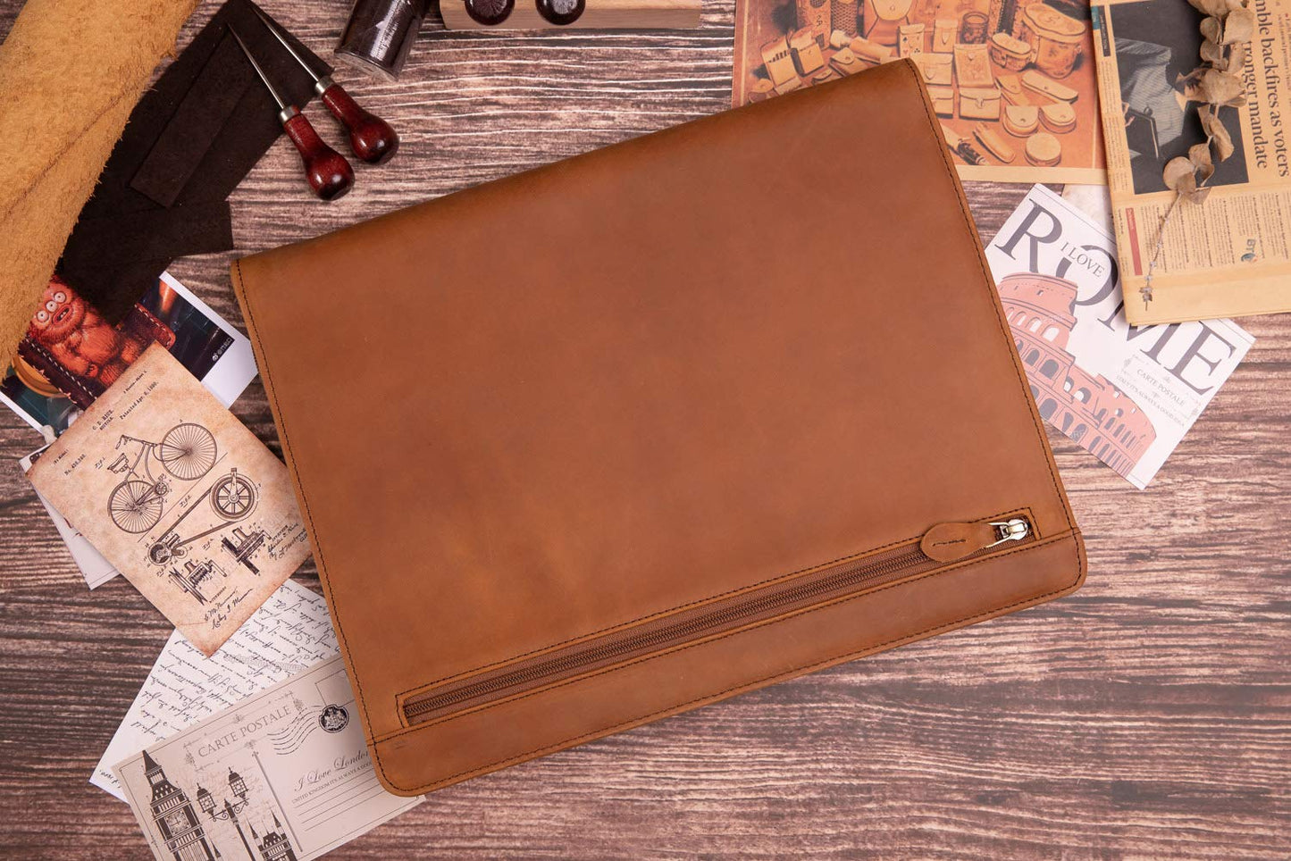 Gavarnie Genuine Leather Professioal Business Portfolio Padfolio Folder with Zipper for Men and Women,Work Portfolio for Letter Size Notepad, for Meeting and Travel, Brown