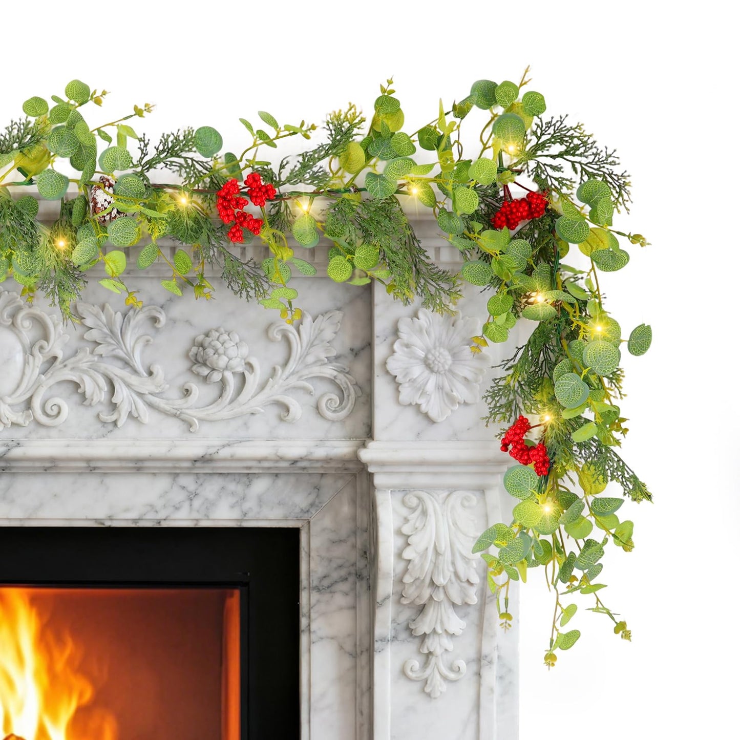 6FT Prelit Christmas Garland with Lights, Realistic Eucalyptus Garland with Artificial Cedar Cypress Leaves Red Berries Pine Cone Greenery Xmas Garland for Mantle Stair Railing Fireplace Decoroation