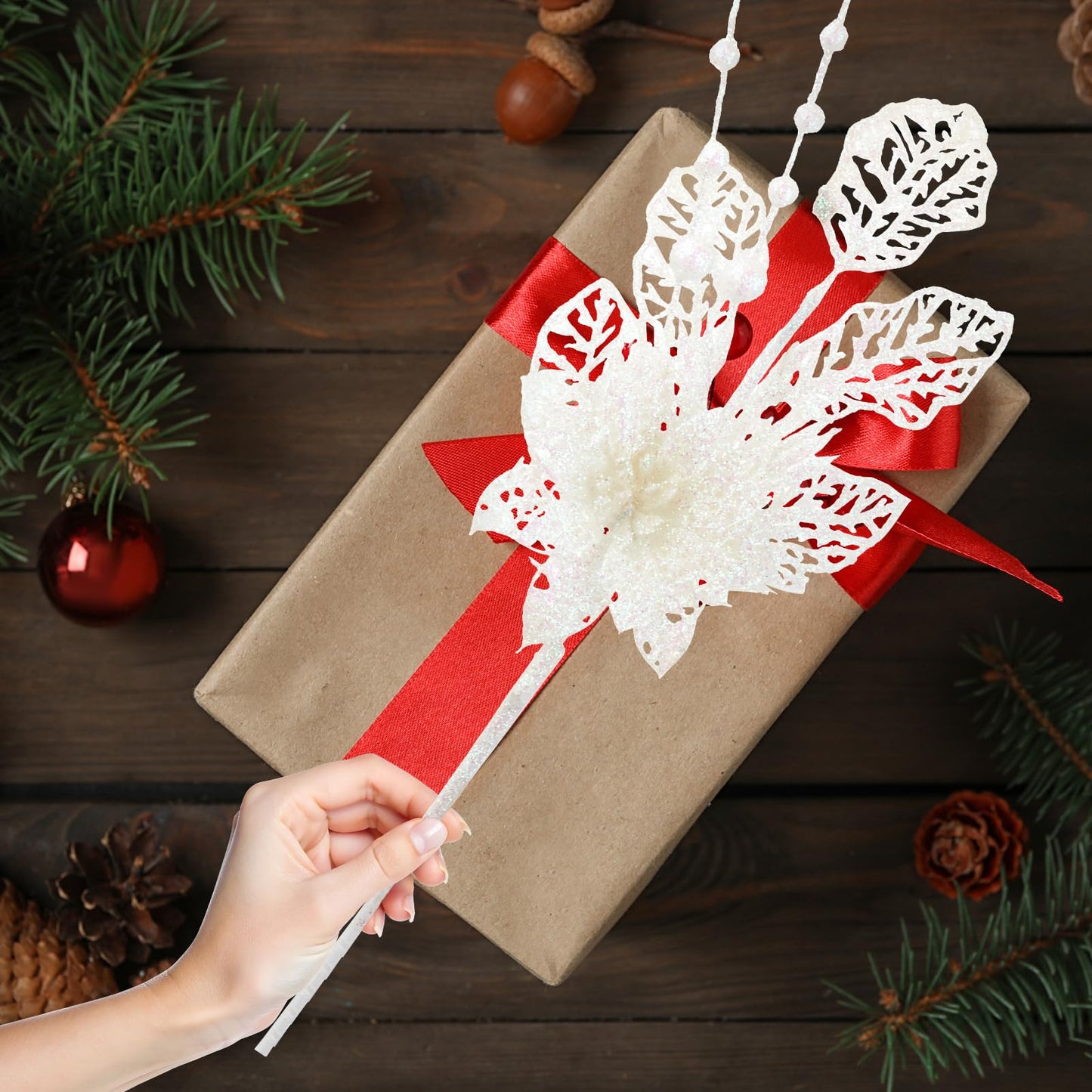 CristBest 24 Pack Christmas Tree Ornaments - Artificial Flowers Glitter Berry Stems Christmas Floral Picks Branches for Xmas Tree Decorations Vase Filler Holiday Wedding Party Home Decor (White)