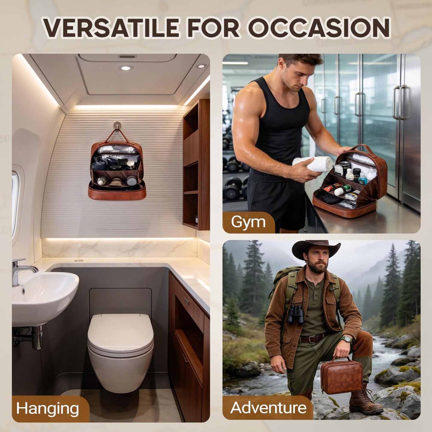 MaqSacion Mens Toiletry Travel Bag,PU Leather Toiletry Bag for Men,Water-Resistant Travel Bag for Toiletries,Brown Shaving Bag for Men, Mens Birthday Gift Ideas for Fathers Day Men Him Husband Dad