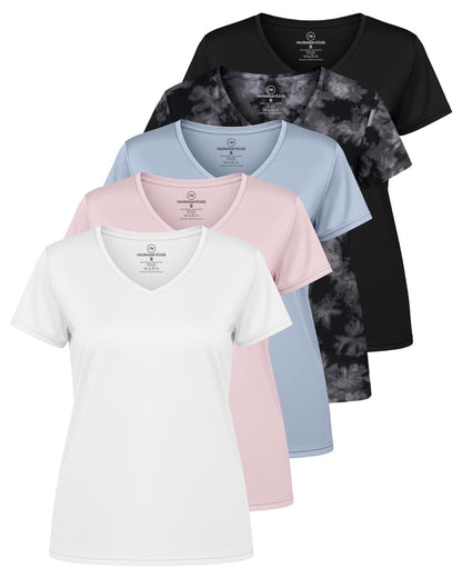 Real Essentials 5 Pack: Women's Dry-Fit Short Sleeve V Neck T Shirt Workout Fitness Yoga Top Tee, Set 16, XS