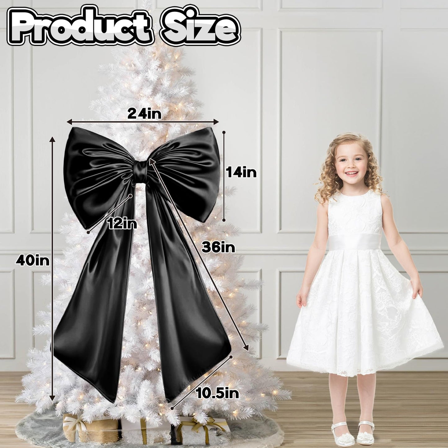Froova Black Bow Decor, 40 x 24 Inches Large Big Black Bow Party Decorations for Backdrop Birthday Wedding Bride, Huge Satin Ribbon Tie Hanging Wall Decor for Her (Satin, Internal Stability Layer)
