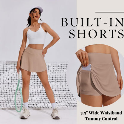 PINSPARK Tennis Skirt Pleated Athletic Skort Womens Skorts with Pockets Tummy Control with Pocket Activewear,Light Coffee X-Large