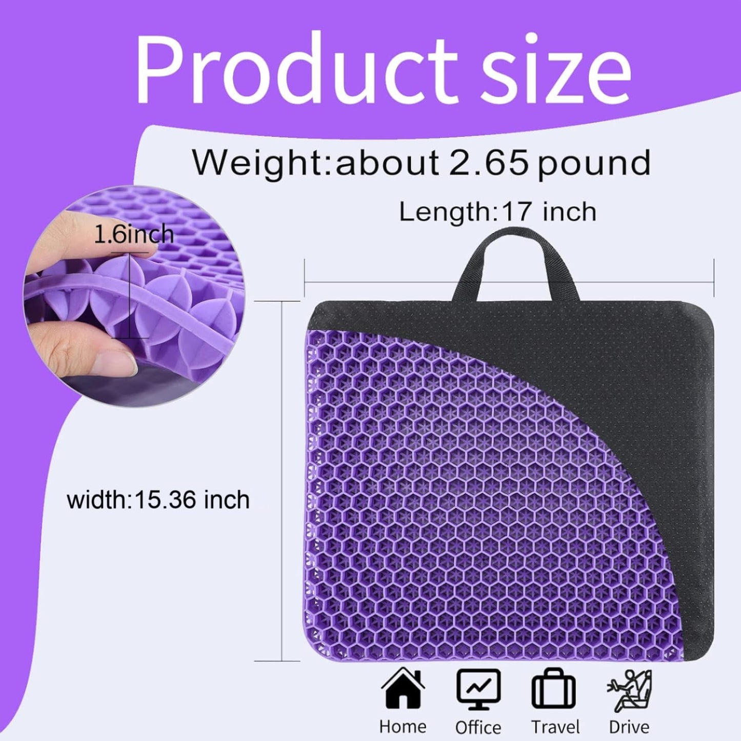 Fzitiy Gel Seat Cushion, for Long Sitting -Double Thick Gel Seat Cushion Breathable Honeycomb Chair Cushion with Non-Slip Cover for Office Chair Car, Wheelchair, Long Trips,Relief Sciatica Pain