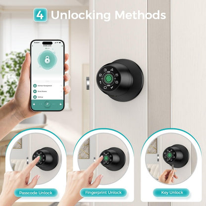 Fingerprint Door Lock，Fingerprint and Keypad Input Smart Door knob, App Controlled Biometric Door Lock, Keyless Entry, Bedroom, Office, Hotel, Apartment Auto Door knob(Matte Black)-HL-3