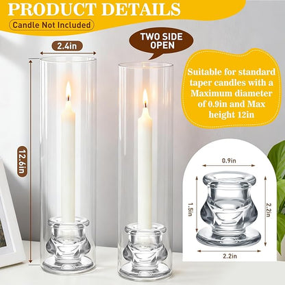 3 Set Hurricane Glass Candlestick Holders 12.6" Two Side Open Glass Candle Holders and 2.2" Taper Candlesticks Holder Bulk for Table Centerpiece Wedding Christmas Home Decor