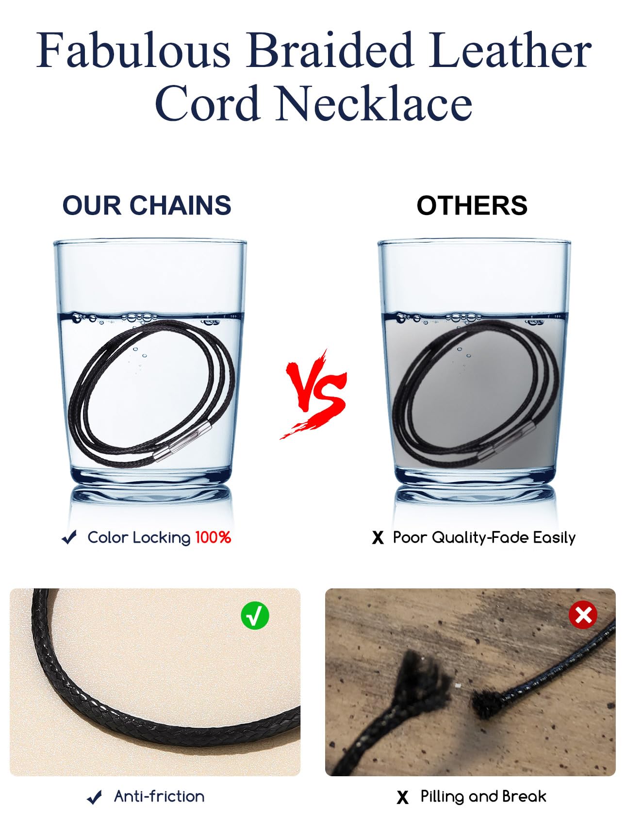 Suplight Waterproof 3mm Woven Wax Rope Chain For Men Women, Black Leather Necklace Cord With Superb Strong Clasp, Breathable Braided Leather Necklace DIY Jewelry For Pendant 18inch