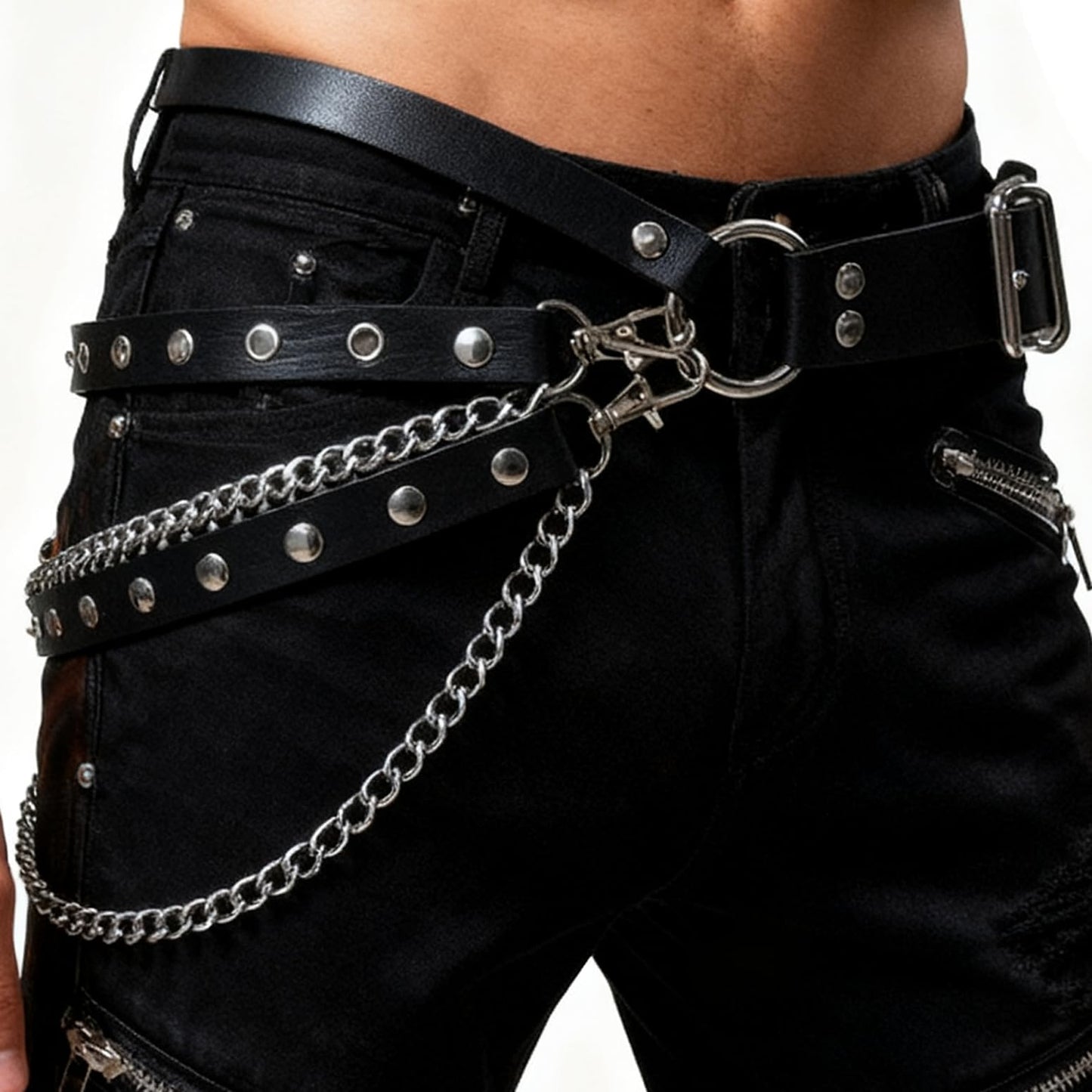 Aufordebatis Punk Goth PU Leather Layered Wasit Belt for Women, Adjustable Grunge Emo Rave Gothic Chain Belts Accessories (Black, S for Waist 30-34 in)