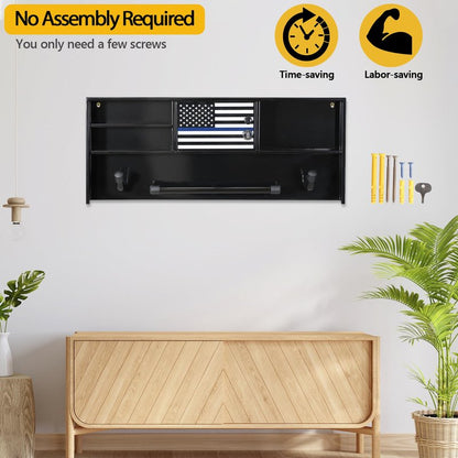 BUYYAH Wall Mounted Police Gear Rack, All Iron Frame with Gun Storage, Combination Lock, Tactical Duty Gear Rack for Home, Office, Police Gift Decor with Flag, Black
