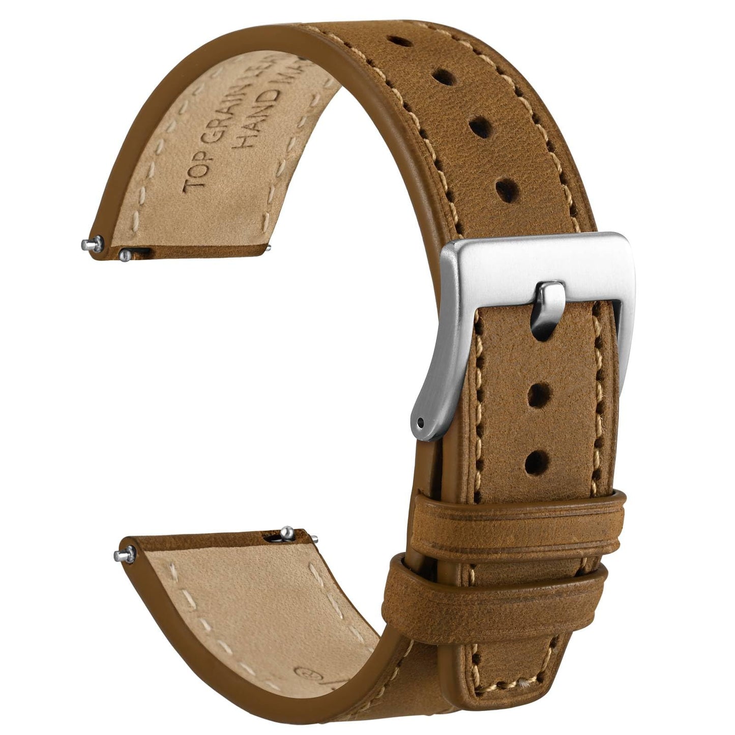 WOCCI 20mm Elite Watch Band, Top Grain Leather, Quick Release, Silver Buckle (Sand)
