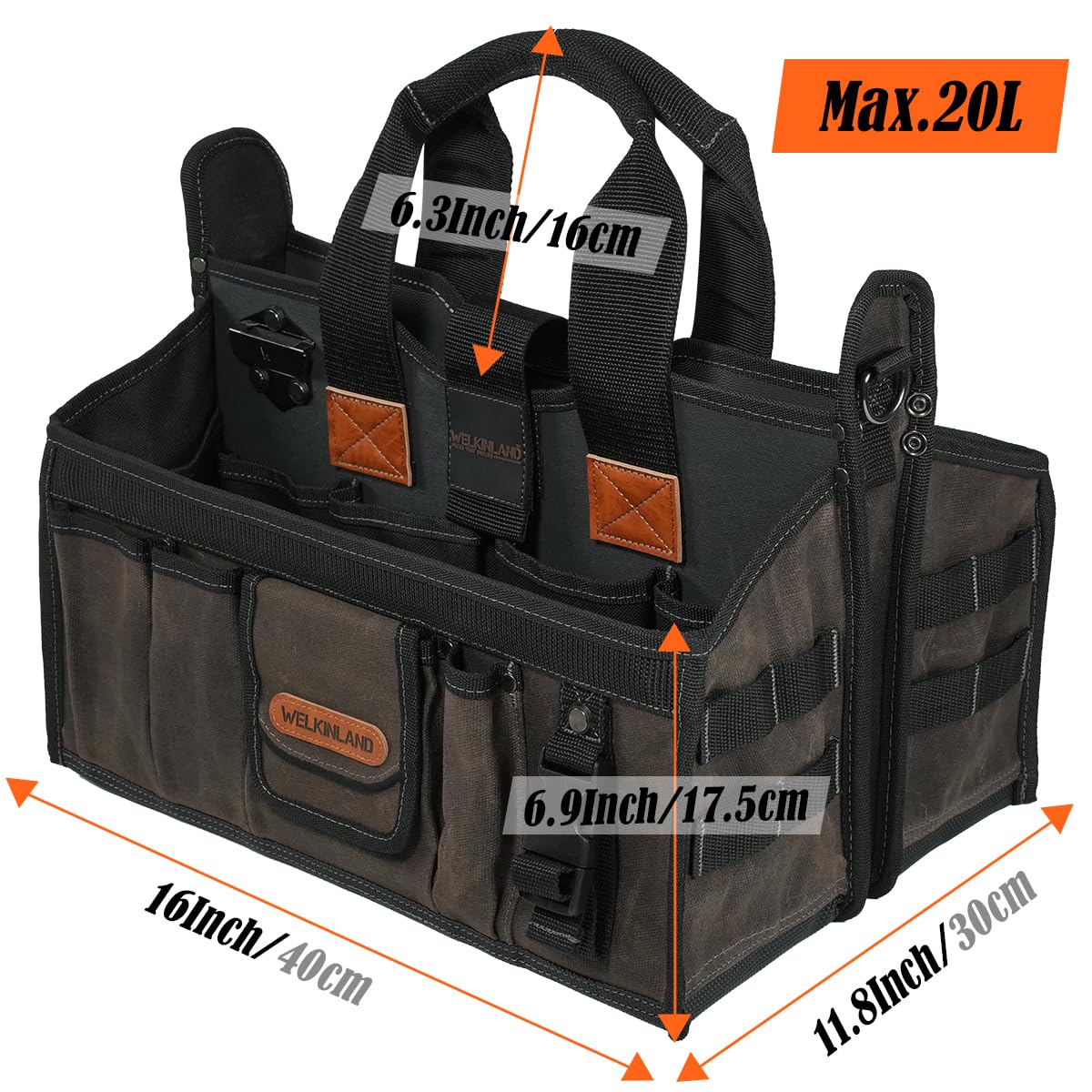WELKINLAND 20-Pockets Electrician Tool Tote, 16"-Wide Open Top Tool Tote, Waxed-Canvas Electrical Tools Bag, Heavy-Duty Tool Bags For HVAC Tech, Stay-Up Technician Tool Bag