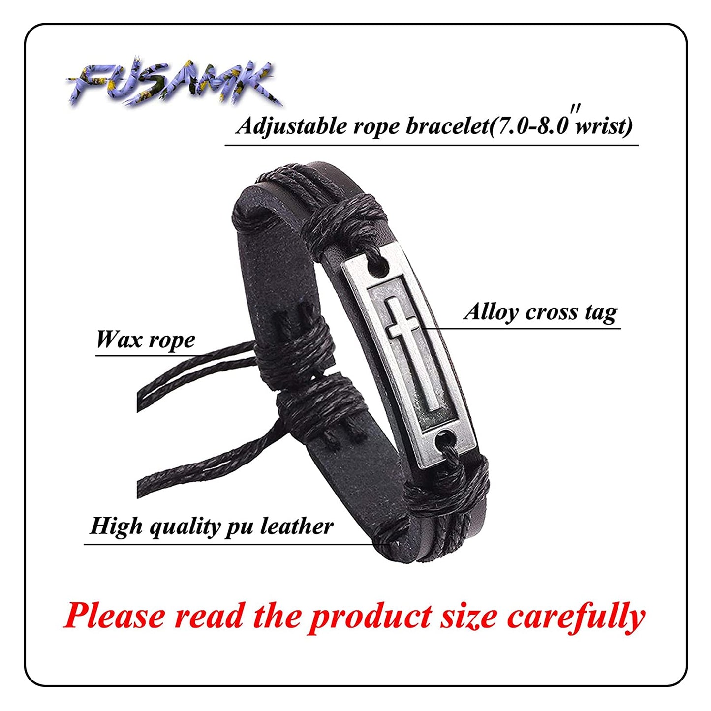 Fusamk Fashion Cross Tag Bangle Adjustable Leather Cuff Wristband Drawstring Rope Bracelet(Brown)