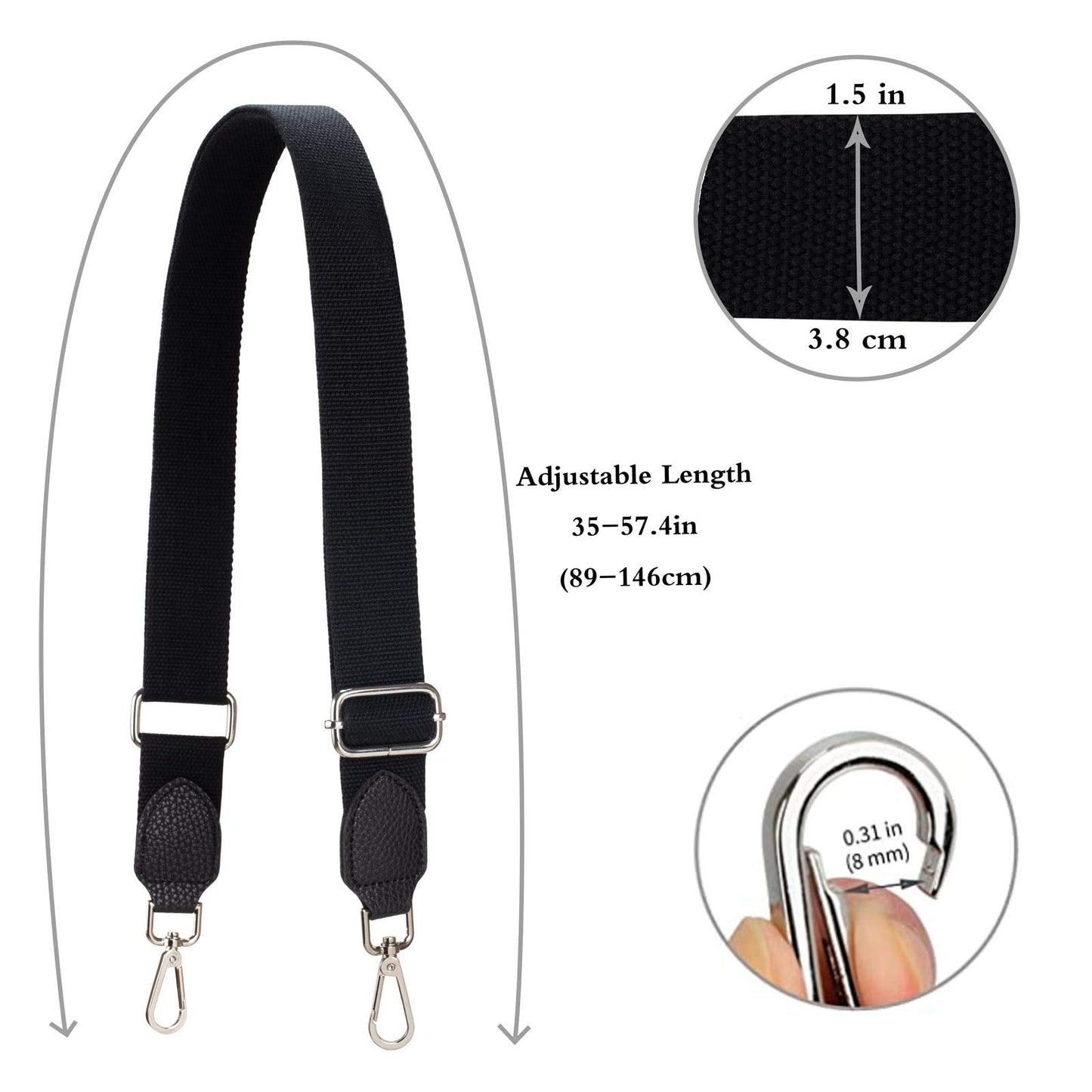 Allzedream Purse Straps Replacement Crossbody Bags Handbag Wide Canvas Leather Adjustable (Black, Silver hardware)