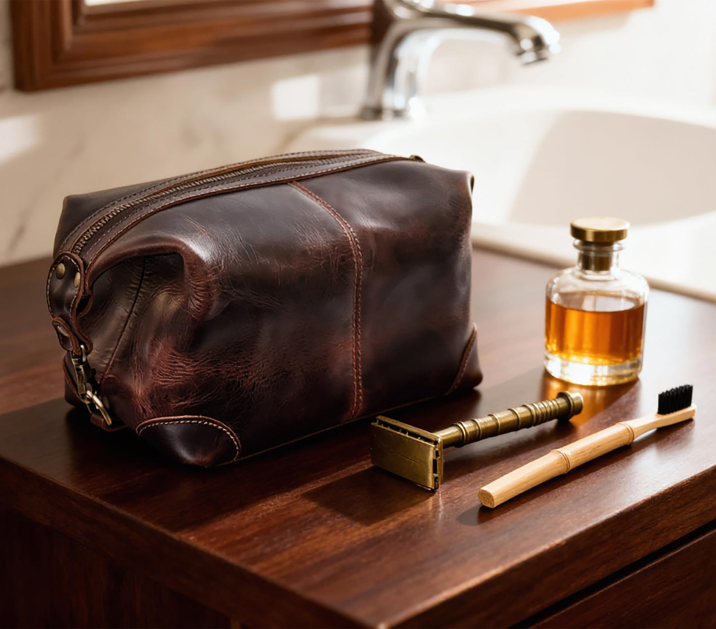 RUSTIC TOWN Full Grain Leather Toiletry Bag for Men & Women – Handcrafted Travel Dopp Kit – Large Water-Resistant Makeup & Shaving Organizer, Walnut Brown