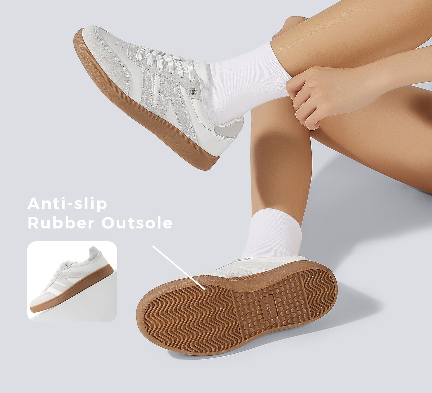 LUCKY STEP Women Classic Retro Gum Sole Fashion Sneakers Casual Tennis Skate Shoe Genuine Leather Walking Footwear Anti Slip Trainers(White/Grey,8.5)