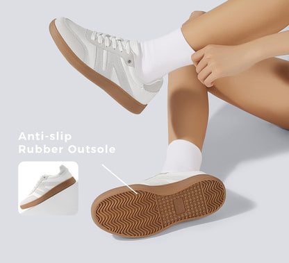 LUCKY STEP Women Classic Retro Gum Sole Fashion Sneakers Casual Tennis Skate Shoe Genuine Leather Walking Footwear Anti Slip Trainers(White/Grey,8.5)