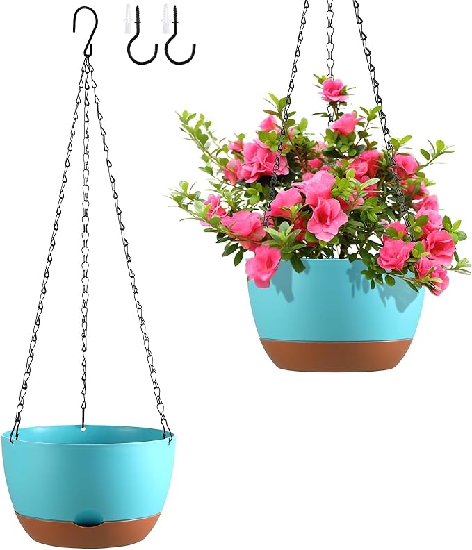 Set of 2 10 Inch Self Watering Hanging Planters for Indoor Outdoor Plants, Color Blocking Hanging Baskets Flower Pots with Drainage Hole & Removable Water-Storage Tray and 20" Chain Hanger