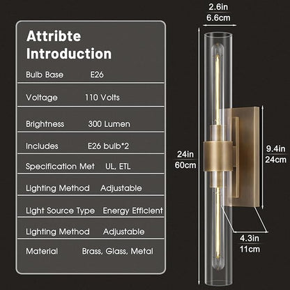 Brass Bathroom Vanity Wall Sconces, 2-Light Glass Tube Wall Sconces, 24 Inch Horizontal or Vertical Linear Wall Sconces,Gold Vanity Light, Indoor Wall Sconces, E26 Bulb Included