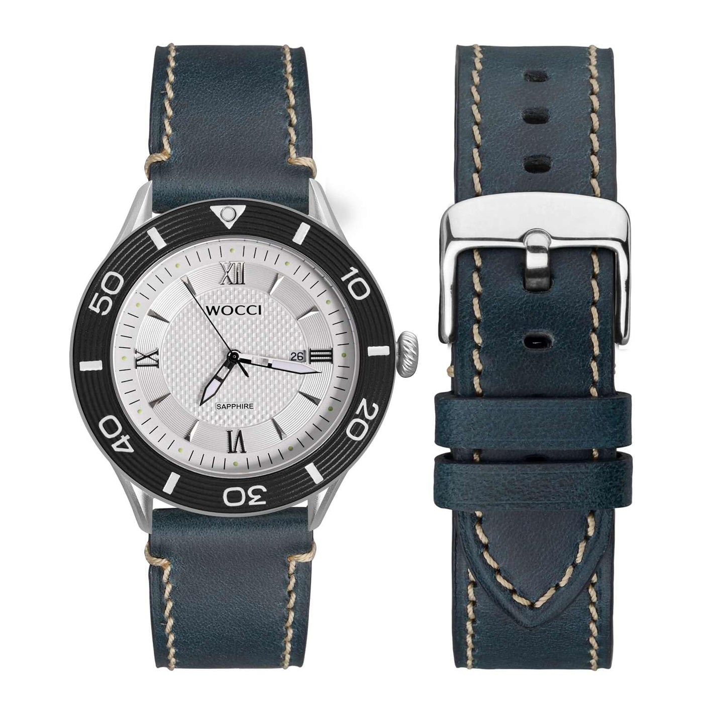 WOCCI 20mm Watch Band, Pull Up Leather, Polished Silver Buckle (Midnight Blue)
