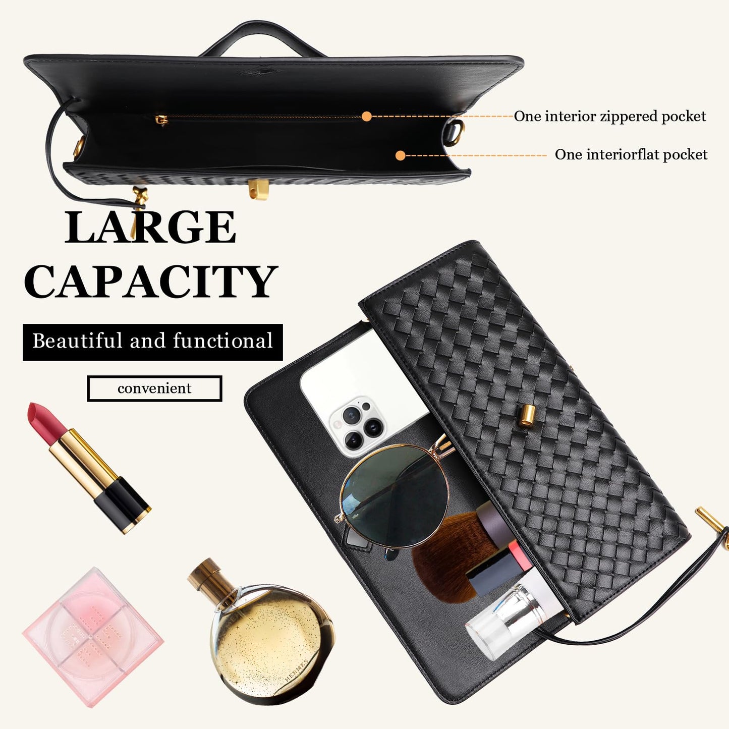 EGCUQ Pu Leather Woven Bag Purse,Black Clutch, Woven Evening Bag For Women 11.8" x 1.7" x 4.9" (Black)