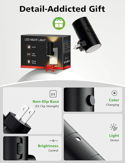 Night Lights Plug Into Wall,Dimmable LED Nightlight with Dusk to Dawn Sensor,0-100LM Adjustable Brightness,3 Color Temperatures,Night Light for Hallway Bathroom Stair Bedroom,Black,4 Pack
