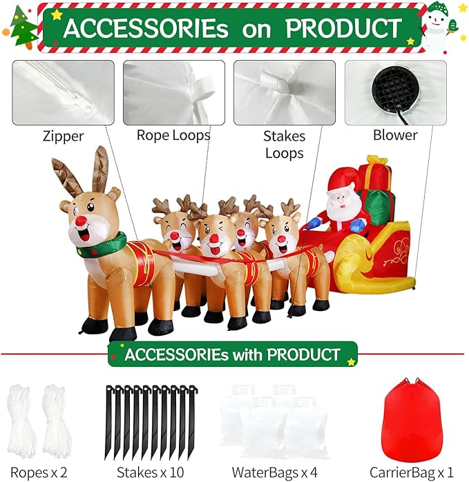 DomKom 12 FT Christmas Inflatable Outdoor Santa Claus on Sleigh with Five Reindeer, Building LED Lights, Blow Up Yard Decoration for Party Garden Lawn Winter Decor
