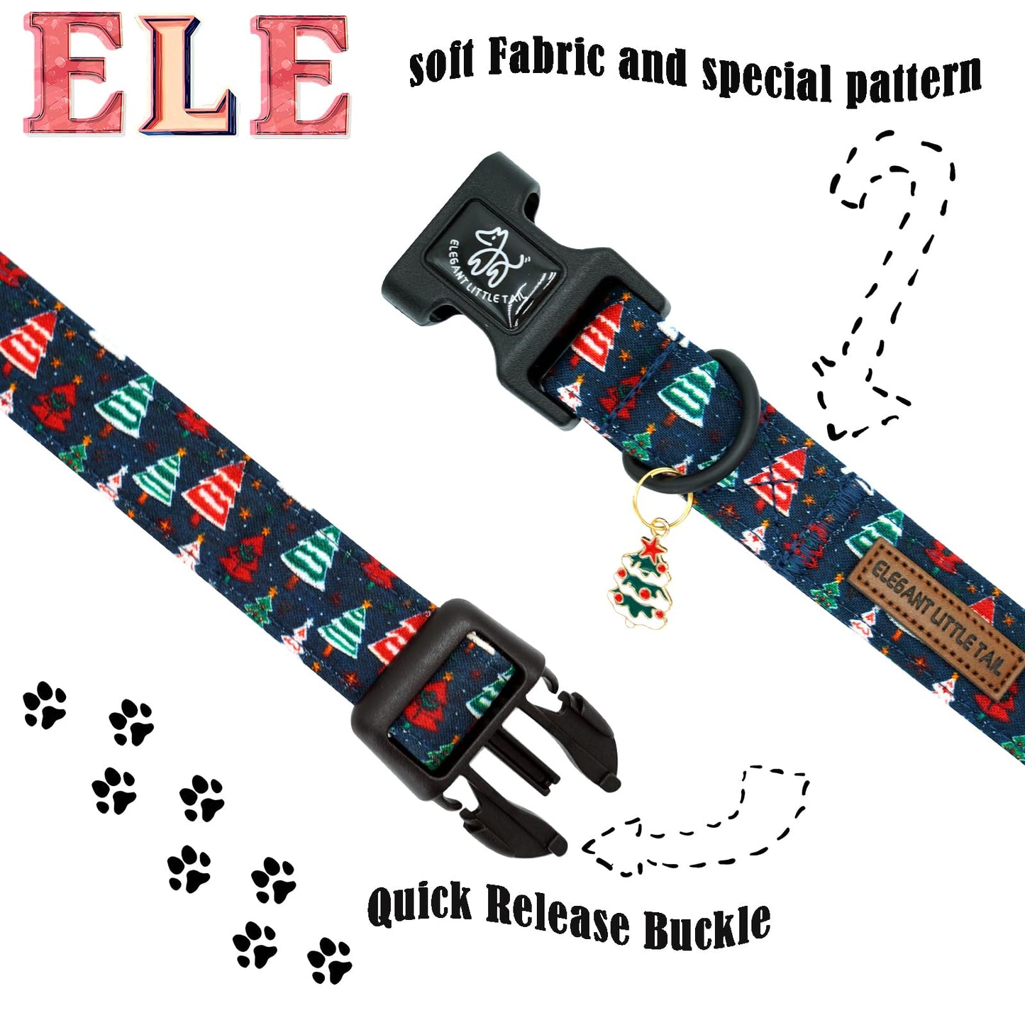 Elegant little tail Christmas Dog Collar - Christmas Tree Red Pet Collar Cotton Soft Plastic Buckle Sturdy Puppy Collars Holiday Female or Male Adjustable Collar for Small Puppy