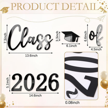 Novabright Class of 2026 Sign for Backdrop Black Acrylic Mirror Decal Letter Sticker Graduation Decor for Grad Party, Congrats Grade 2026 Grad Party Graduation Event Planner Vinyl Decal