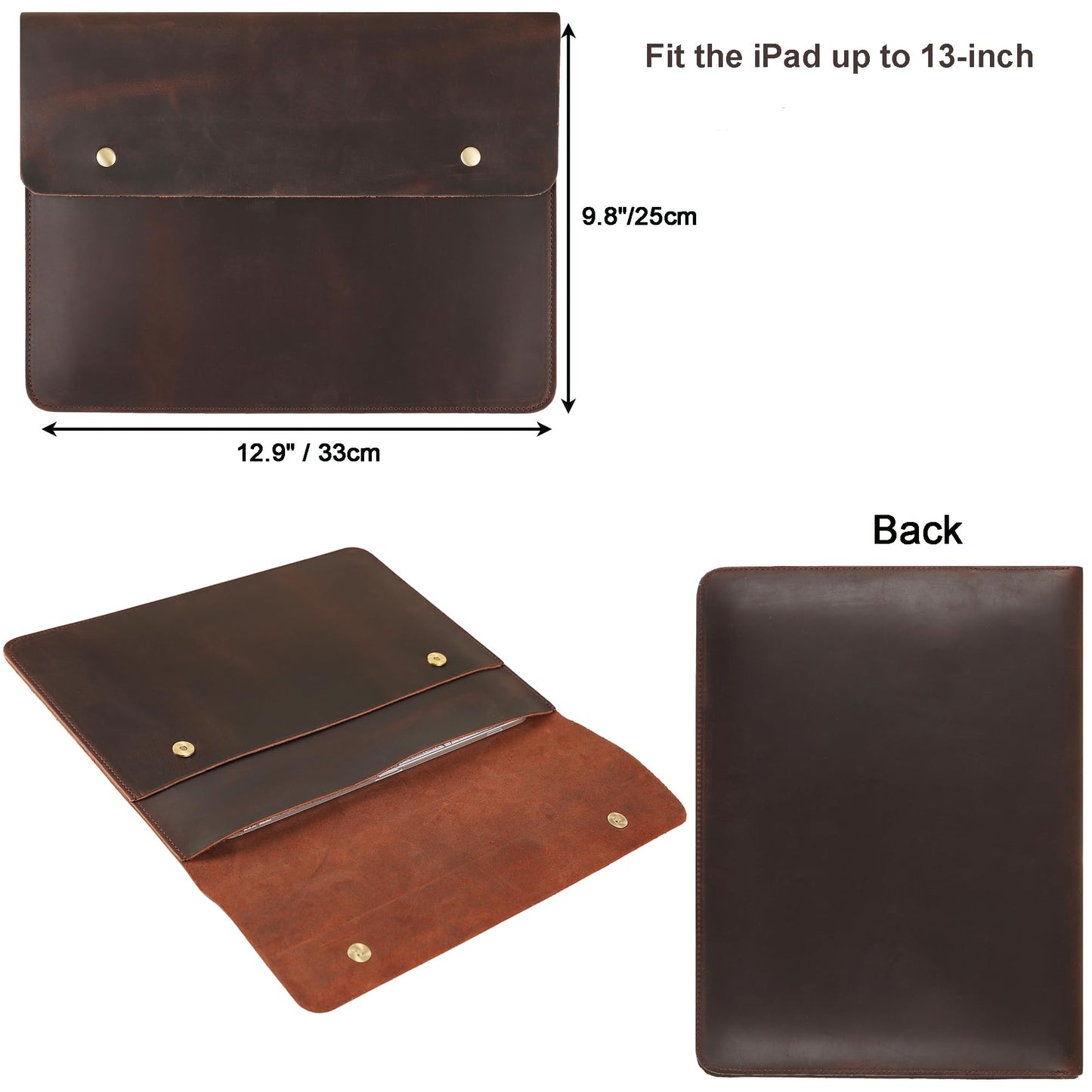 Leather Tablet Sleeve - 12.9/13 Inch iPad Pro Sleeve, Document Holder Folio File Holder, Genuine Leather iPad Case for Protection and Style-Dark Brown