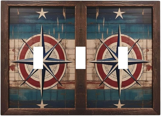 Decorative Art Light Switch Covers Nautical Rustic Star Emblem 3 Gang Triple Toggle Wall Plate Decorative Switch plate Electrical Faceplate for Home Decor