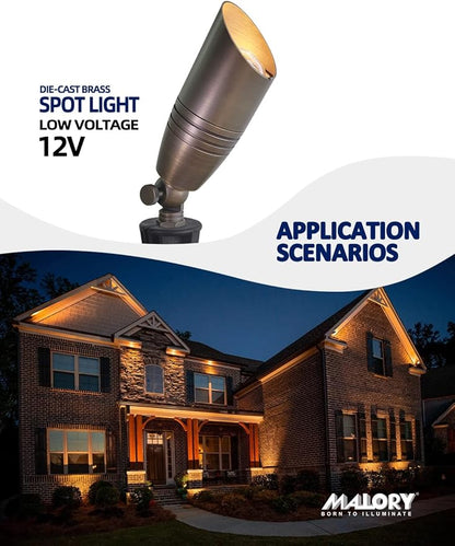 MALORY Brass Landscape Spotlights 10-Pack with Bulb Kit(S02), Low Voltage 12V AC/DC LED Outdoor Spot Uplights for House and Tree,PVC Ground Stake and Wire Connector Included, 5W 2700K Warm White