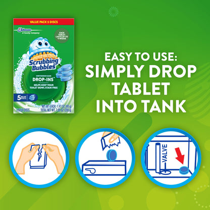 Scrubbing Bubbles Continuous Clean Toilet Drop-Ins, Automatic Blue Toilet Bowl Cleaner, Septic-Safe Tank Tablets Remove Hard Water Minerals & Limescale, Stain & Smell Protection, 5 Count (Pack of 1)