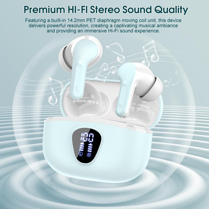 Wireless Earbuds, Bluetooth 5.4 Headphones HiFi Stereo, Bluetooth Earbuds with ENC Noise Cancelling Mic, IP7 Waterproof in Ear Earphones, 48H, LED Display Ear buds for Pad Workout Sports, Azure
