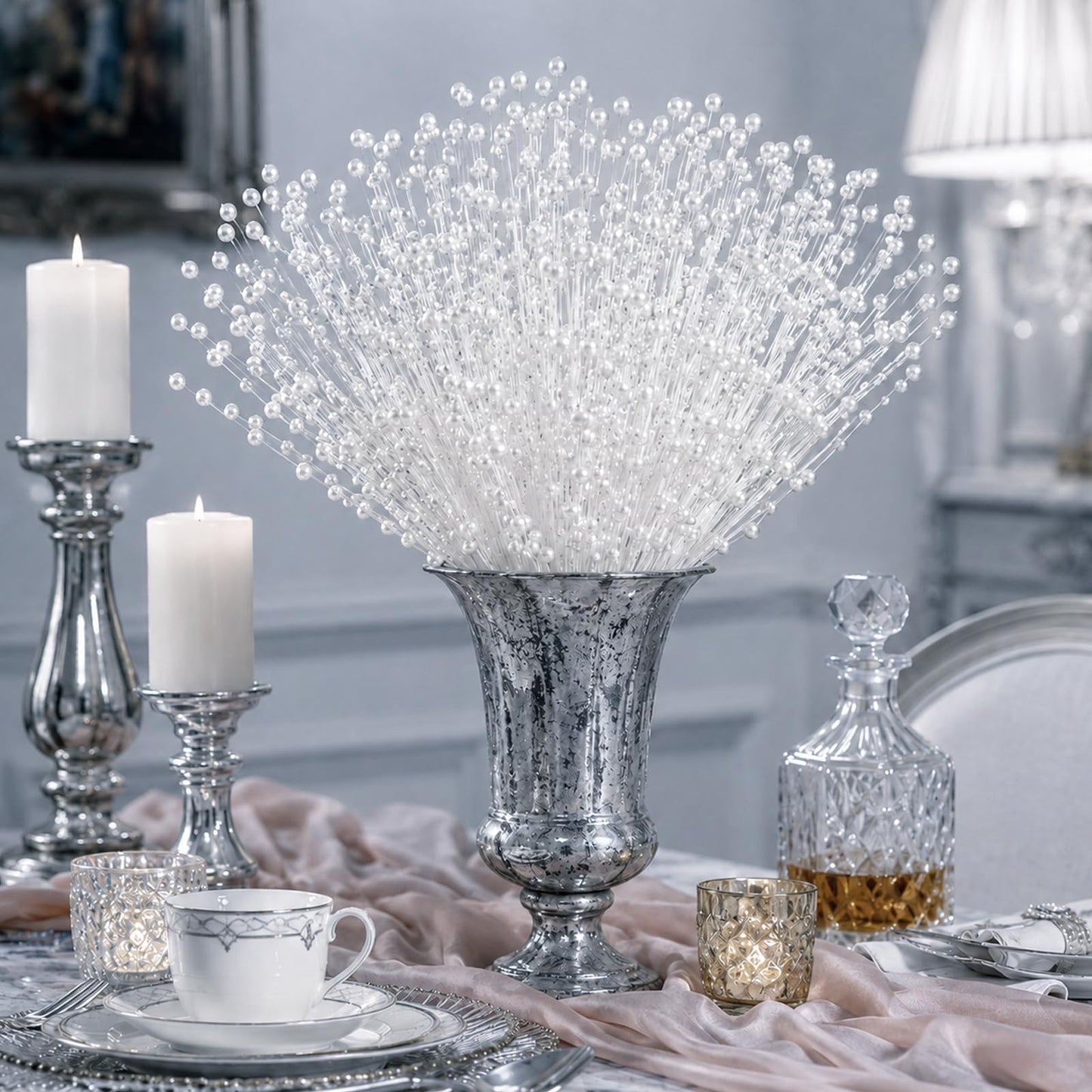Alrhso 50 Pcs Pearl Floral Picks Pearl Bouquets 4mm Bead String Garland Floral Beaded Spray Filler Arrangements Christmas Tree Picks Wedding Decor (White)