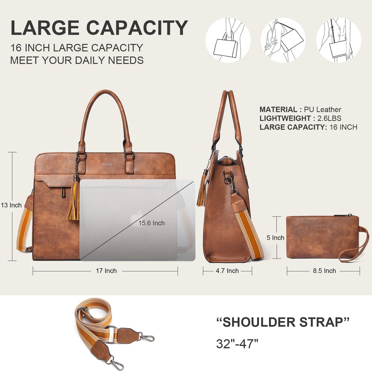 Shrrie 17 inch Laptop Bag for Women,Water-Resistant Work Bag LaptopTote Bag,Professional Business Tote for Office,Travel,College-Fits 15.6 Laptop&Tablet,Briefcase with Satchel Purse,Two-toned Brown