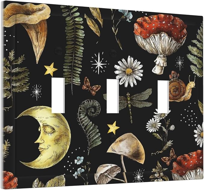 Nature Plant Botanical Daisy Mushroom Snails And Moon 3 Gang Wall Plates Decorative Triple Toggle Light Switch Cover Electrical Switchplate Unused Decorate Faceplate for Bathroom Home