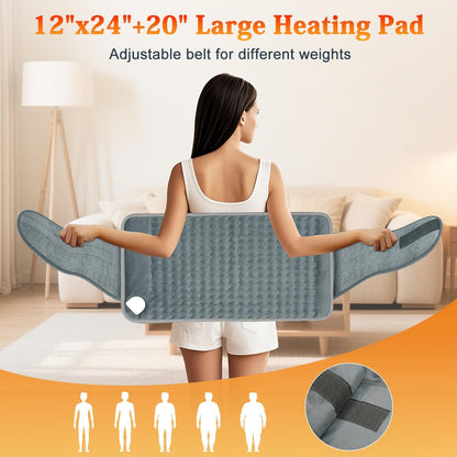 MELCAM Heating Pad for Back Pain Relief, 12"x24"+20" Large Electric Heating Pad for Period Cramps with Belt, 6 Heats Levels & 4 Timers, Auto Shut Off, Machine Washable, Gifts for Women Men Mom Dad