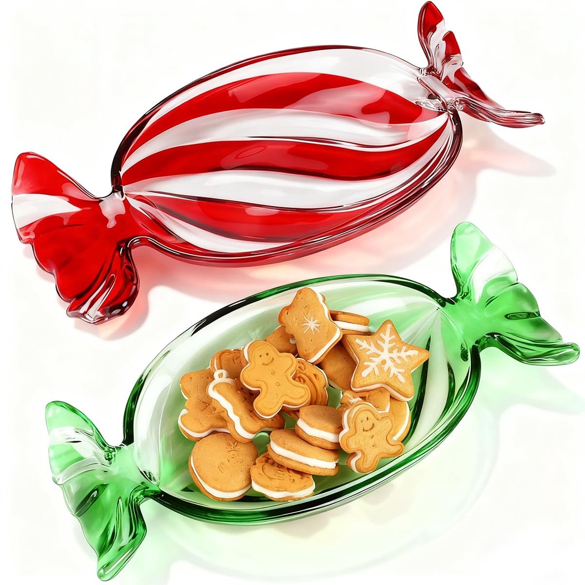 Gkesgm Christmas Red & Green Set Crystal Glass Candy Platter Dish Serving Dessert Christmas Dinnerware Tray Decorative for Xmas Holiday Party