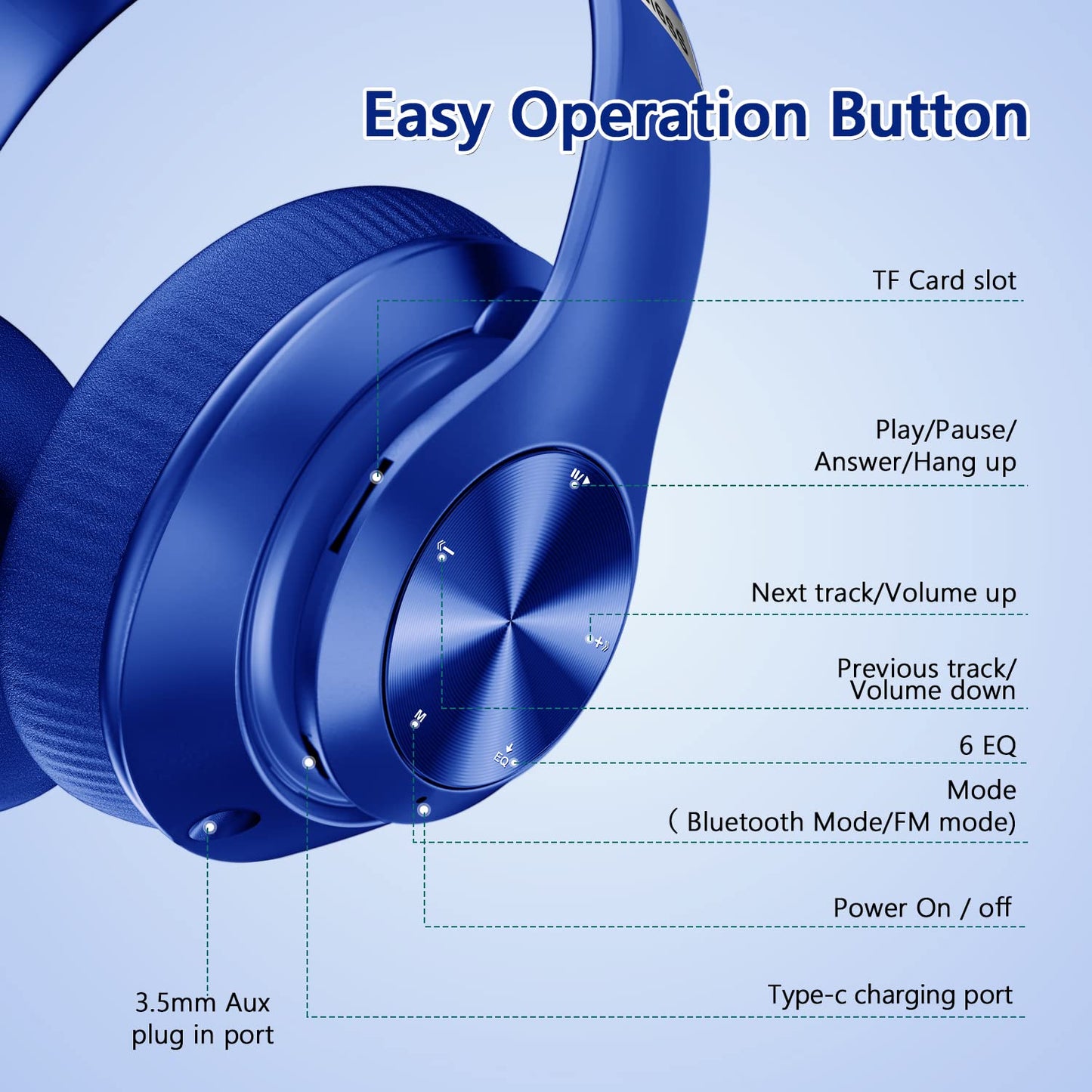 Tuitager 9S Wireless Over-Ear Bluetooth Headphones, 60 Hours Playtime, Hi-Fi Stereo, 6 EQ Modes, Built-in Microphone, Foldable Design, Blue