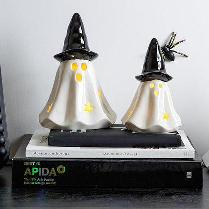 WDS WONDROUS Light Up Halloween Ghost Decorations Set of 2, Cute Ghost Figurines with Witch Hat Halloween Decor, Ceramic Ghosts Light for Indoor Fall Table Decor, Home Tiered Tray Fireplace