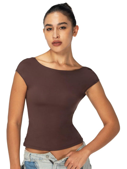 Sunzel Open Back Tops for Women Sexy Going Out Top Double Lined Backless Shirt Y2K Crop Basic Tee Shirts for Casual Workout Black Medium
